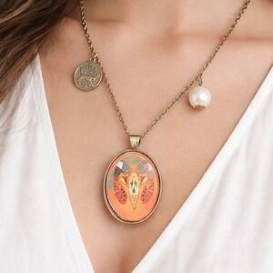 Vintage Aries Ram Pendant Necklace Zodiac Medallion Oval Charm